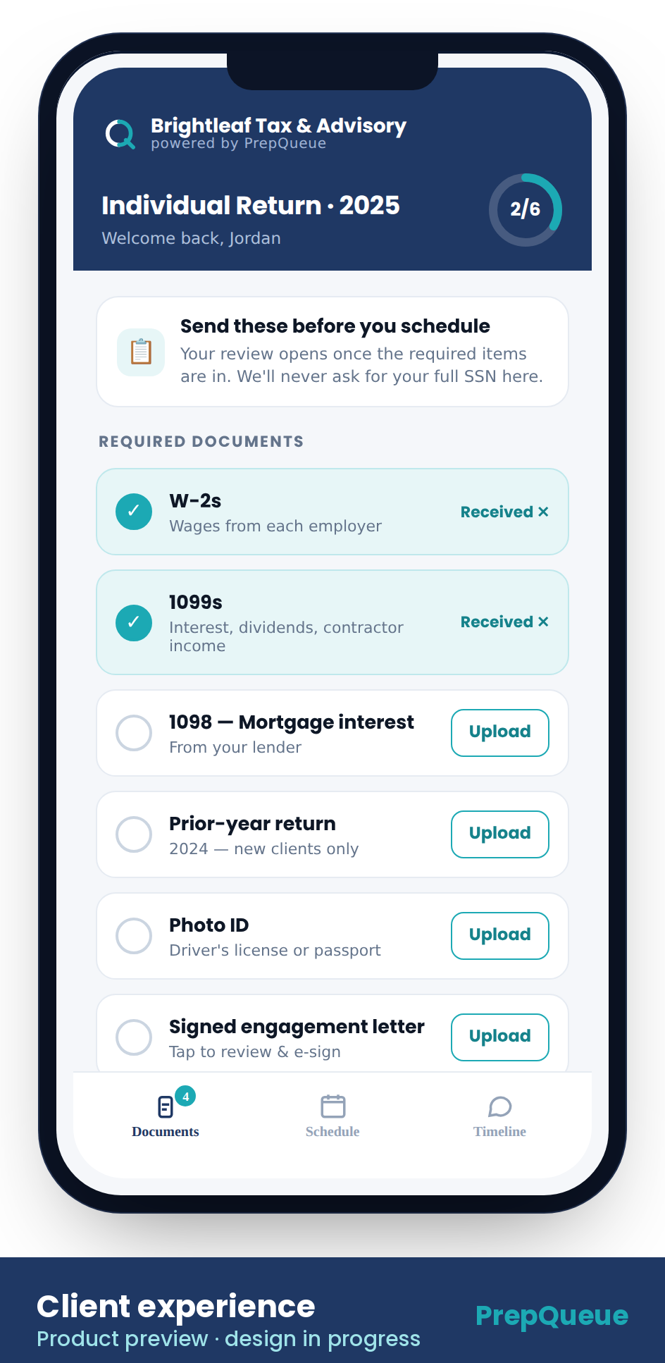 PrepQueue tax client experience: mobile document checklist