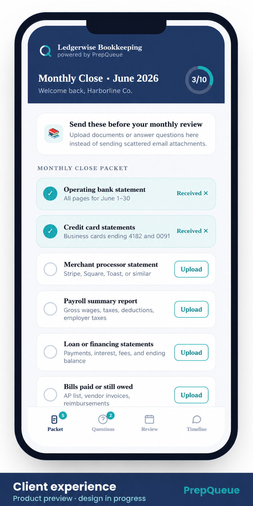 PrepQueue bookkeeping client experience: monthly close packet on mobile